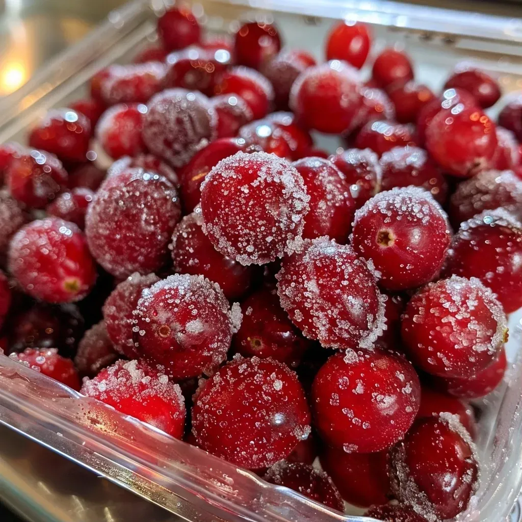 Close-up view of sparkling sugared cranberries, glistening with sugar.