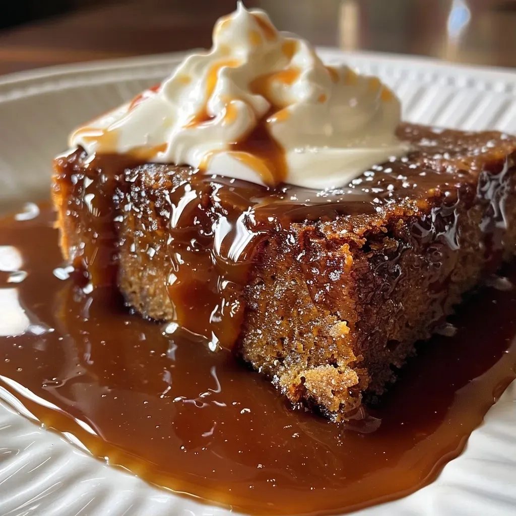 Close-up view of a moist Sticky Toffee Pudding with a glossy toffee sauce.