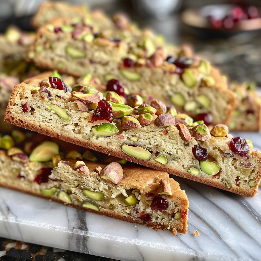 Close-up view of pistachio and cranberry biscotti on a wooden surface.
