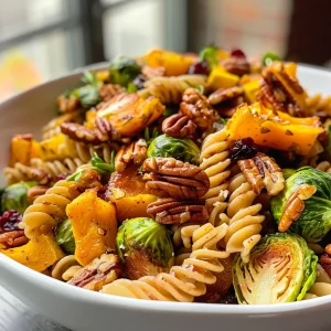 Butternut Squash Pasta Salad with Brussels Sprouts, Pecans, and Cranberries