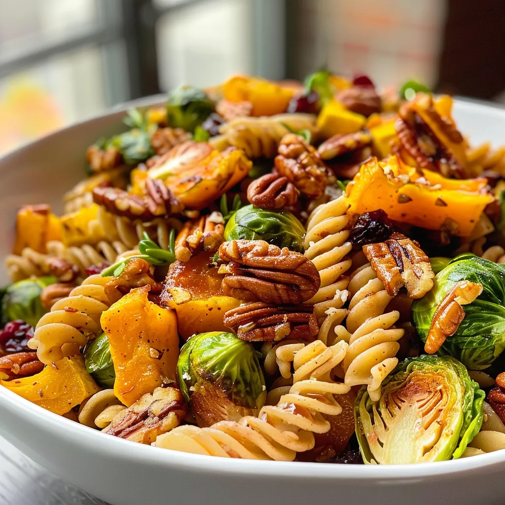 Butternut Squash Pasta Salad with Brussels Sprouts, Pecans, and Cranberries
