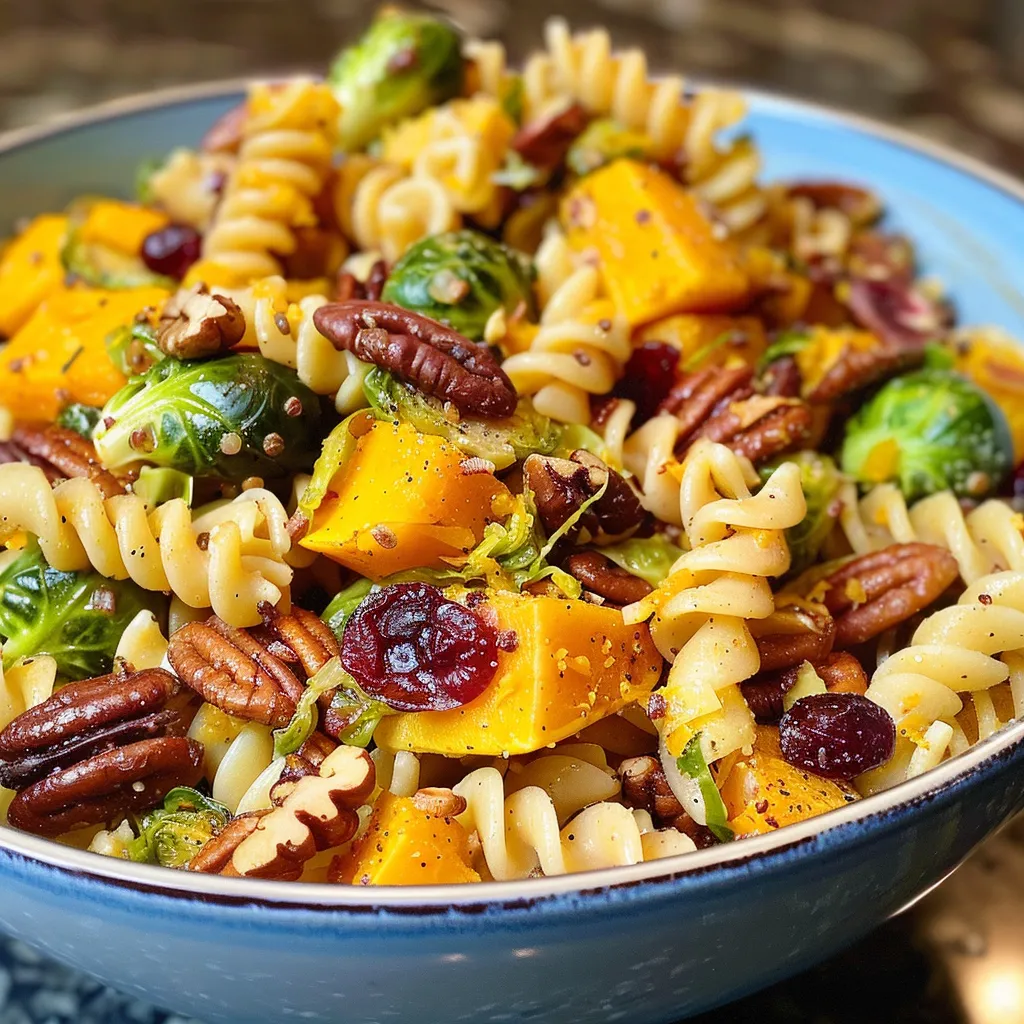 Butternut Squash Pasta Salad with Brussels Sprouts, Pecans, and Cranberries
