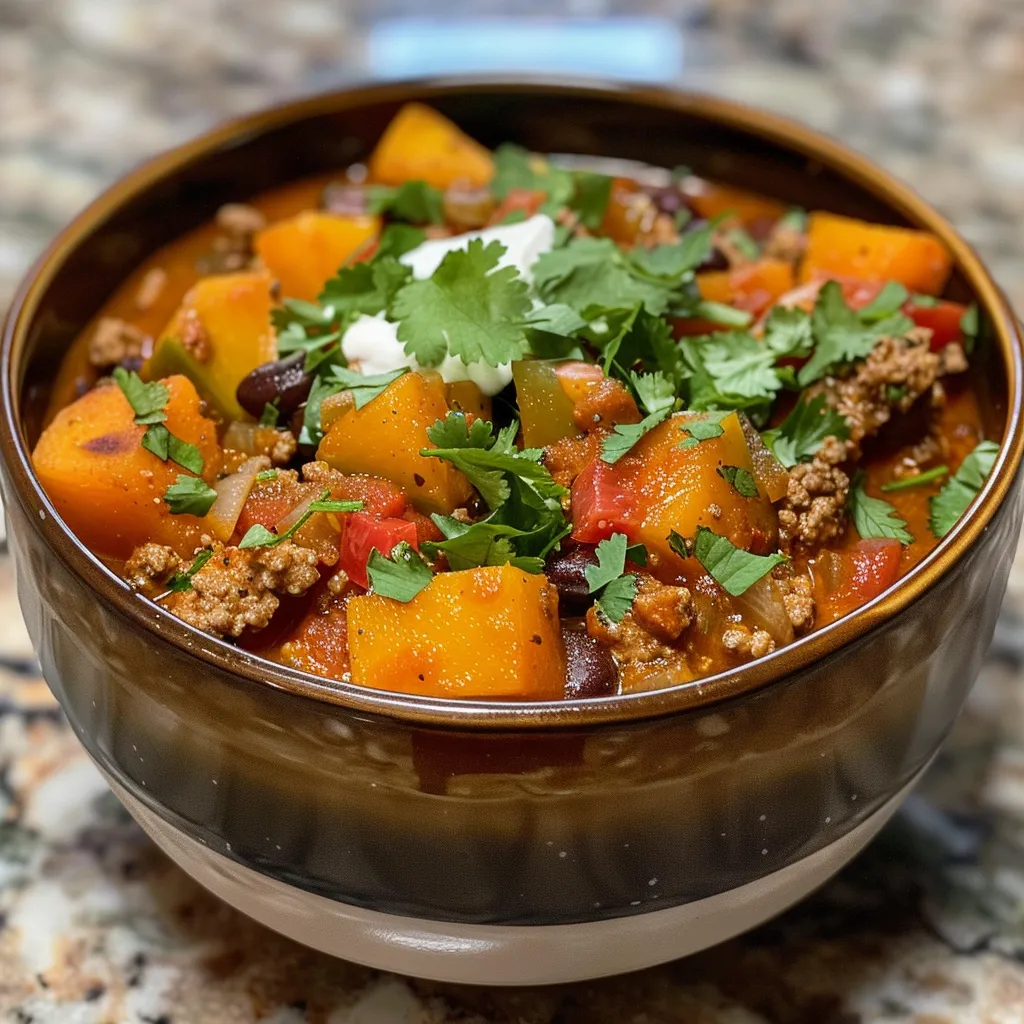 Close-up view of a bowl of Turkey Pumpkin Chili with vibrant colors and garnishes.