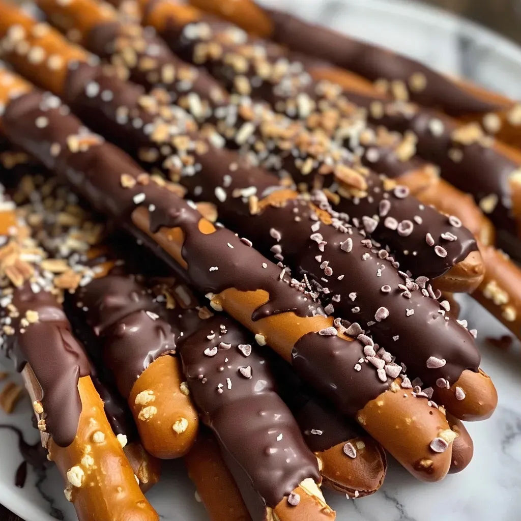 Close-up view of vegan chocolate-covered pretzels drizzled with melted chocolate.