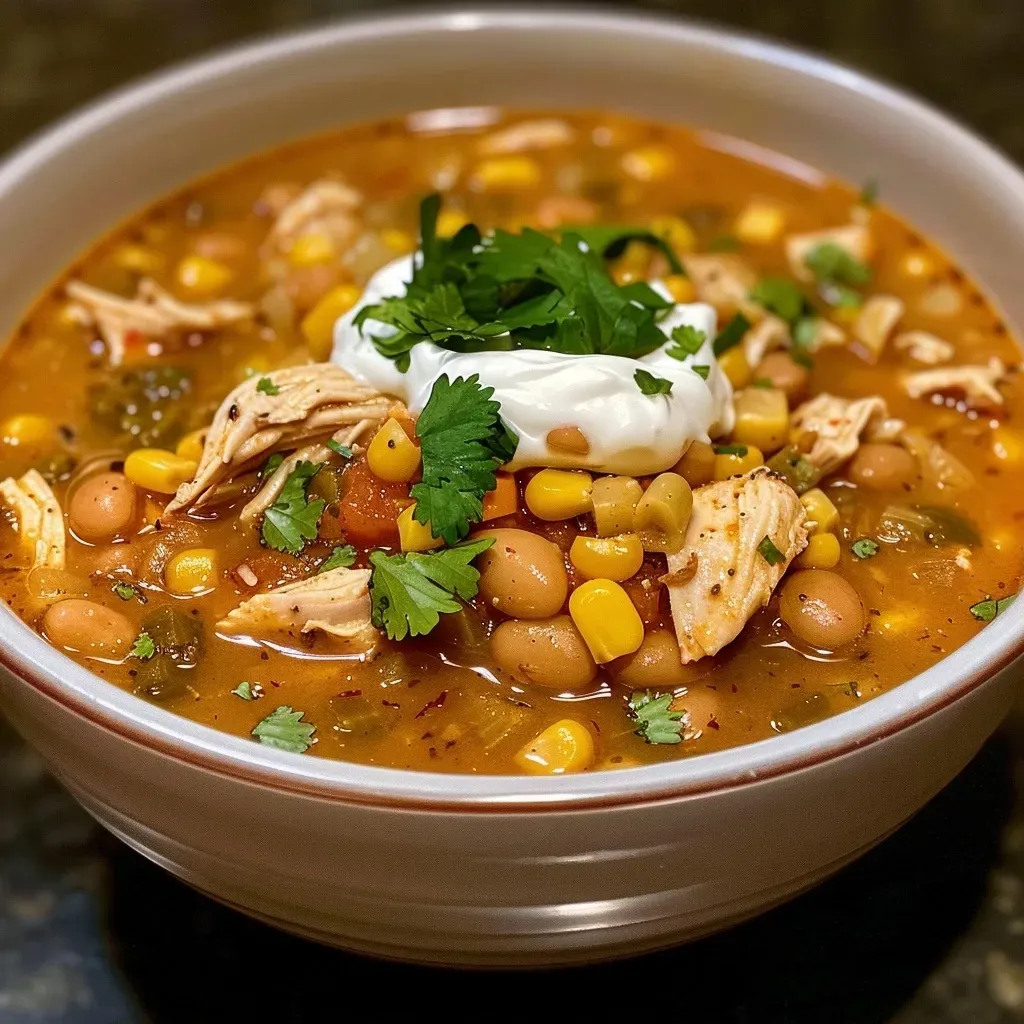 Close-up view of a bowl of White Chicken Chili with visible ingredients.