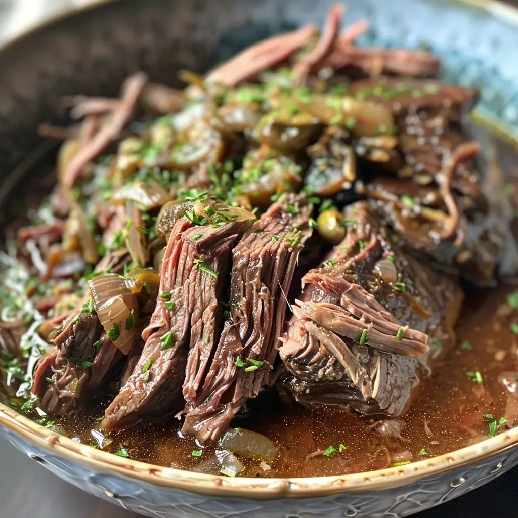 Close-up of a juicy Whole30 Mississippi Pot Roast with pepperoncini and herbs.